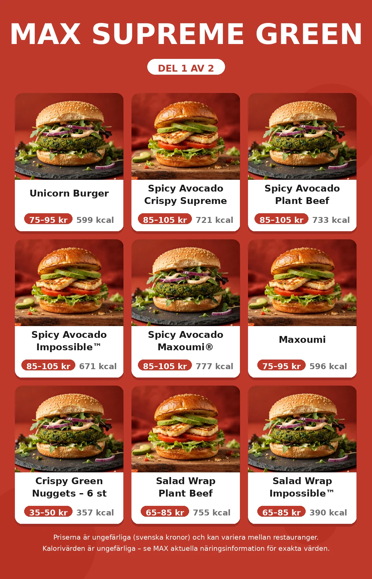 Max Supreme Green vegetarisk meny med priser och kalorier, del 1 av 2