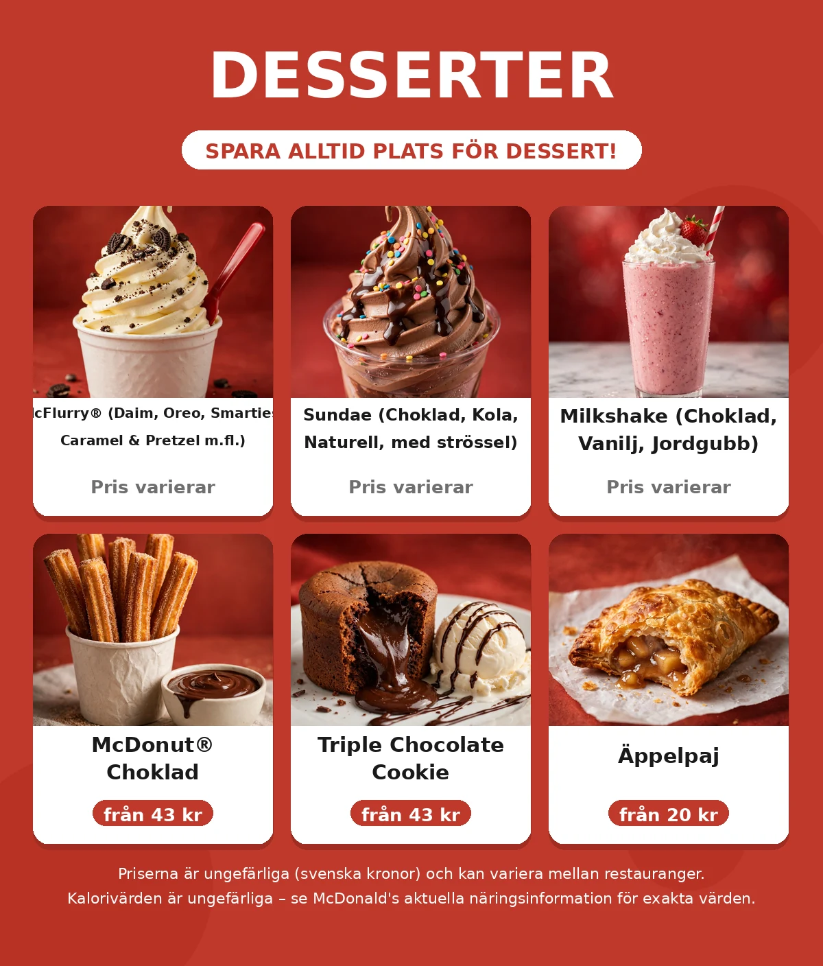 McDonald's desserter meny med priser: McFlurry, Sundae, Milkshake, Äppelpaj