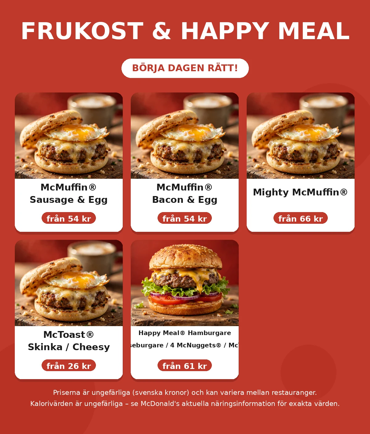 McDonald's frukost meny med priser: McMuffin, McToast, Happy Meal