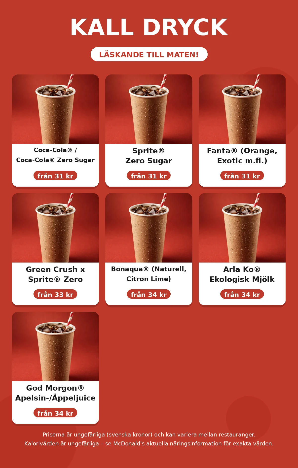 McDonald's kall dryck meny med priser: Coca-Cola, Sprite, Fanta