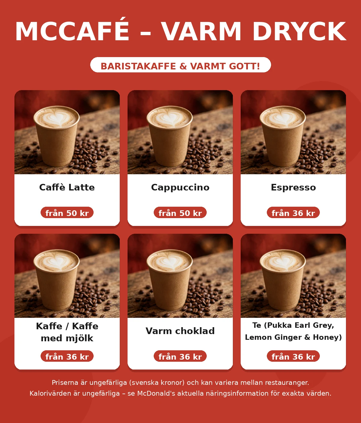 McDonald's McCafé meny med priser: Caffè Latte, Cappuccino, Espresso